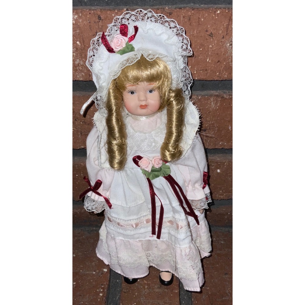 Vintage 8" Porcelain Doll Blonde Ringlets Victorian Pink White Lace Dress Bonnet
